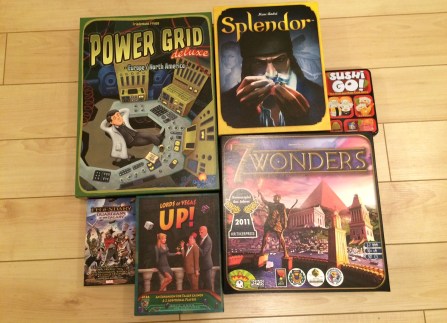 Power Grid Deluxe, Splendor, Sushi Go, Marvel Legendary: Guardians of the Galaxy, Lords of Vegas: Up, 7 Wonders